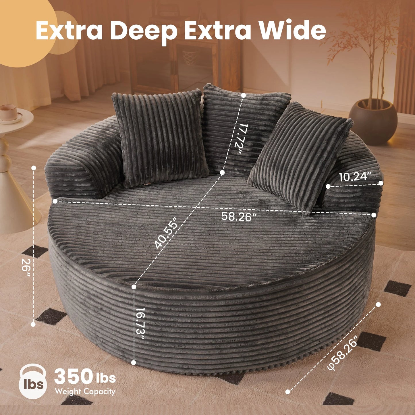 O-Shape Modular Couch, Plush Corduroy Fabric, No Assembly Required