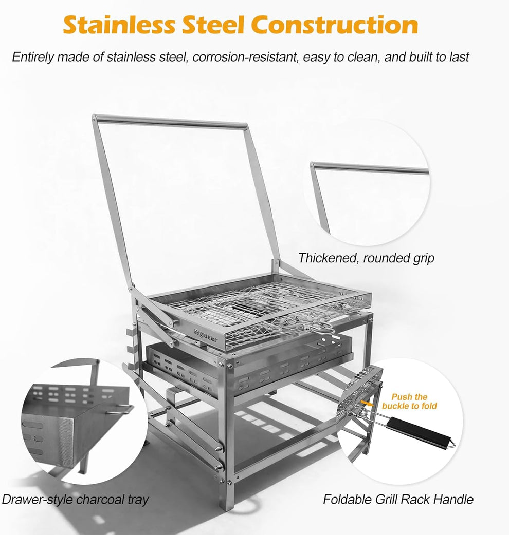 Adjustable Charcoal Rotating Grill with 360° Manual Rotation, 4-Level Height Adjustable Heat Control