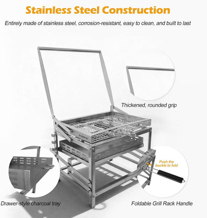 Adjustable Charcoal Rotating Grill with 360° Manual Rotation, 4-Level Height Adjustable Heat Control