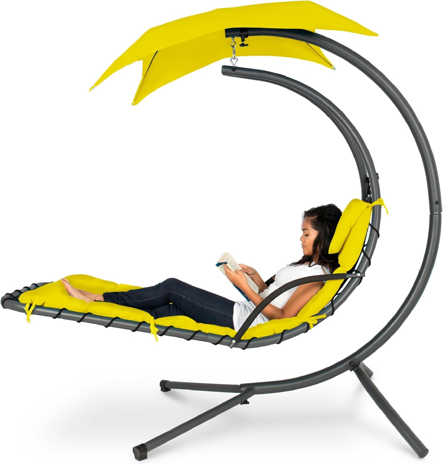 Outdoor Hanging Curved Steel Chaise Lounge Chair Swing w/Built-in Pillow and Removable Canopy