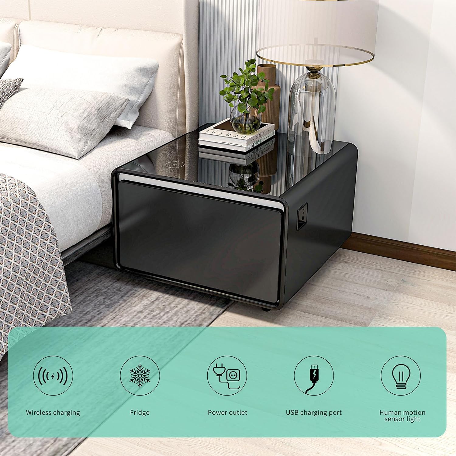 Smart Side Table with Built-In Fridge Drawer & Charging Station