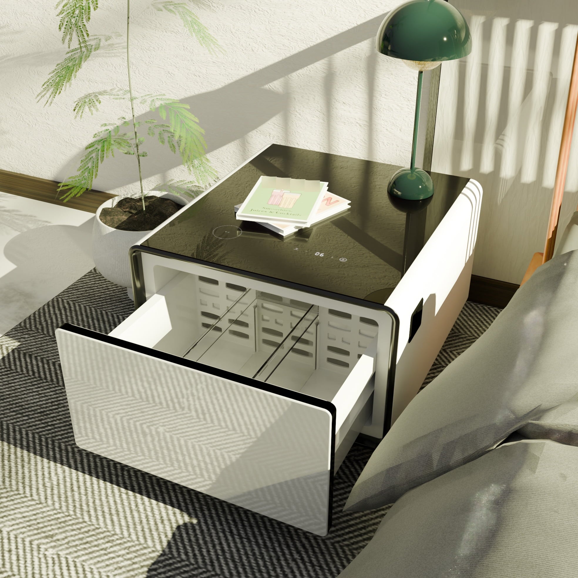 Smart Side Table with Built-In Fridge Drawer & Charging Station