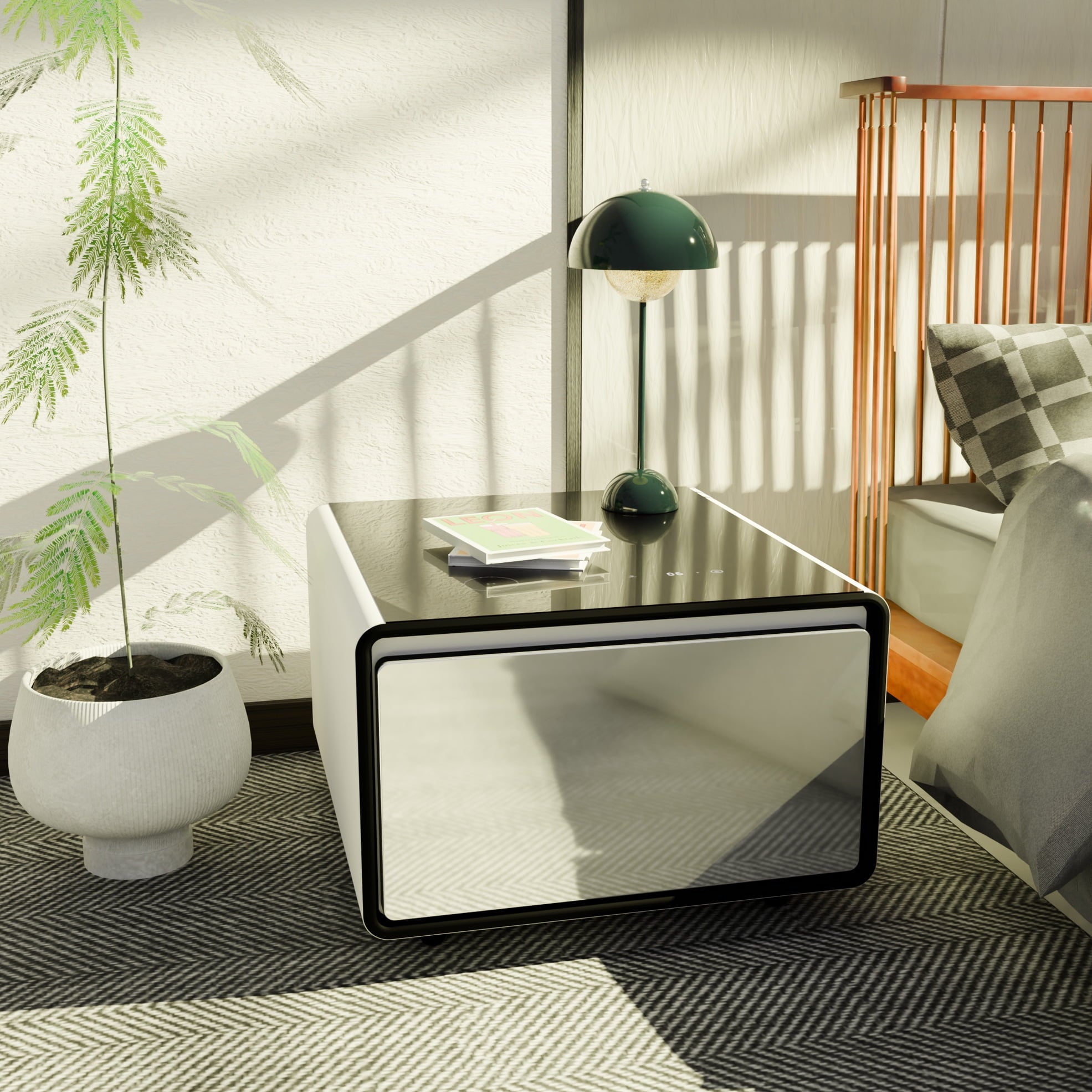 Smart Side Table with Built-In Fridge Drawer & Charging Station