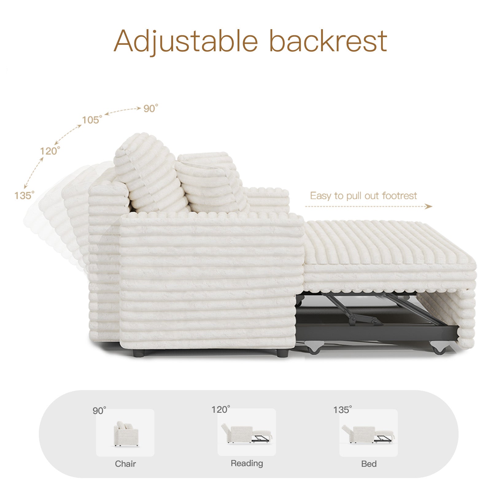 Pull-Out Chaise Lounge Bed with Plush Corduroy Fabric & Supportive Pillows