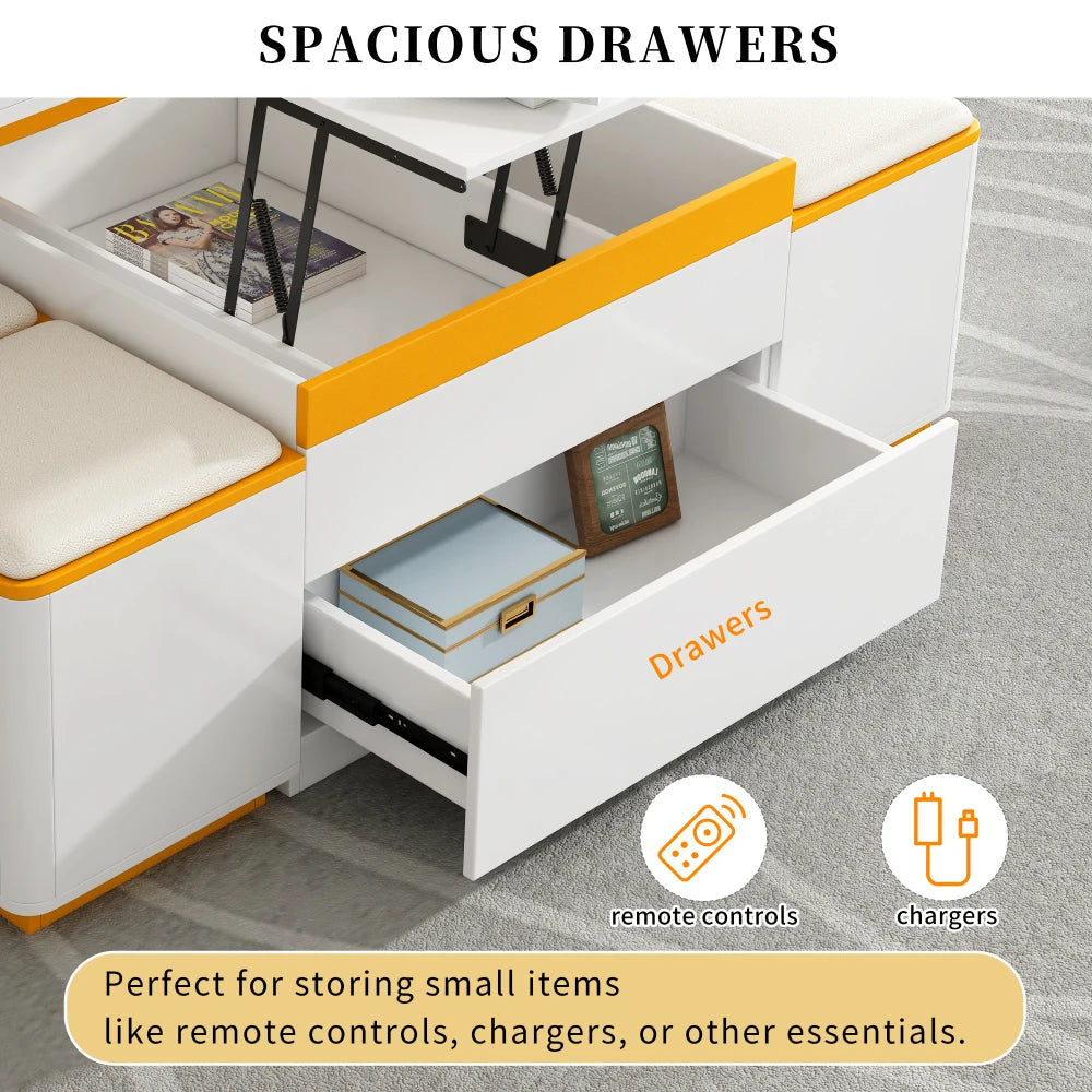 Multifunctional Lift Top Coffee Table With 4 Storage Stools