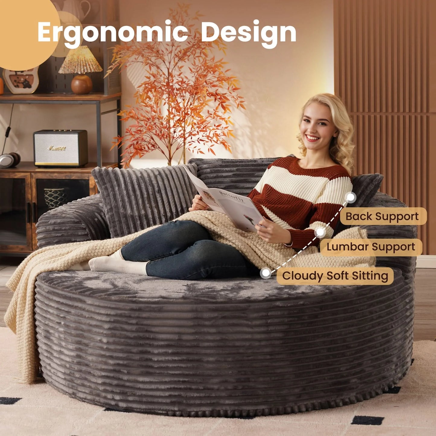 O-Shape Modular Couch, Plush Corduroy Fabric, No Assembly Required