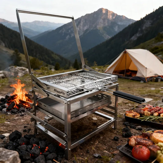 Adjustable Charcoal Rotating Grill with 360° Manual Rotation, 4-Level Height Adjustable Heat Control