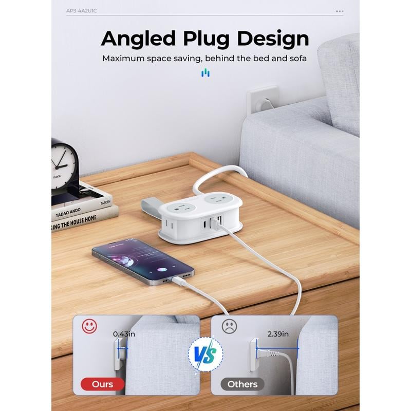Travel Power Strip, ORICO 4 Outlets 2 USB Ports (1 USB C) with 4FT Wrapped Short Extension Cord Small Power Strip