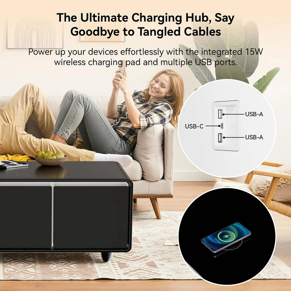 Smart Coffee Table with Built-In Fridge & Wireless Charging