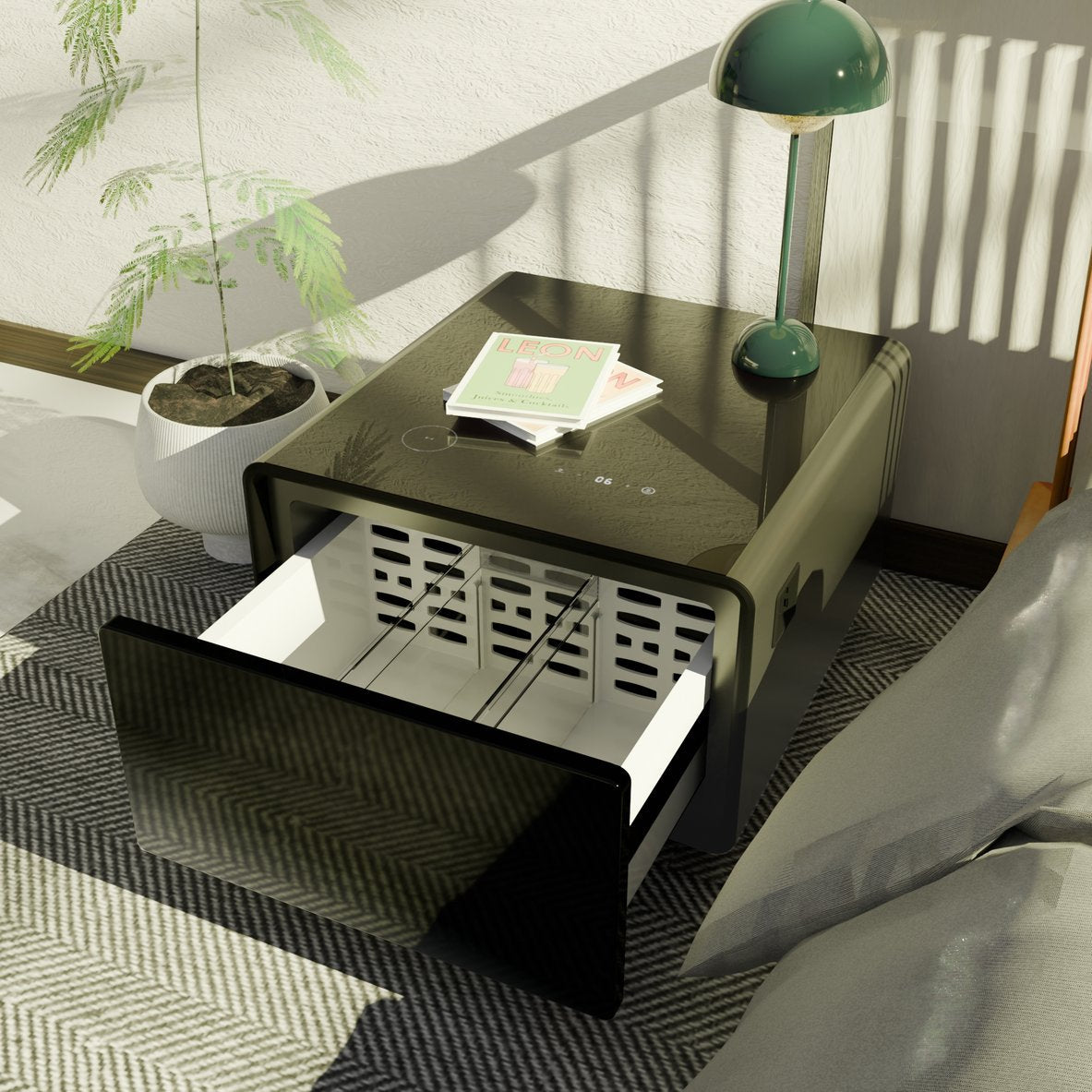 Smart Side Table with Built-In Fridge Drawer & Charging Station