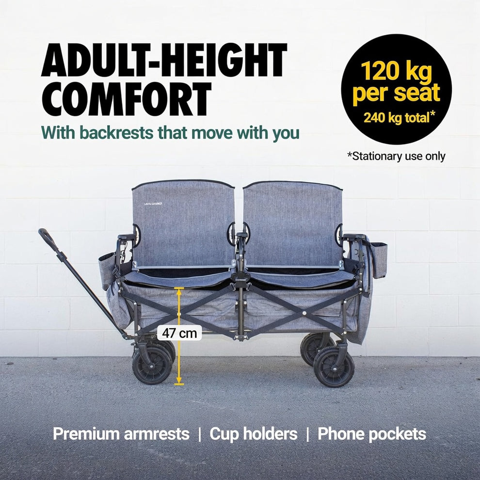 Voyager XL – Premium 2-Seater Folding Adventure Wagon with UPF 50+ SunShield Canopy, Hidden Under-Seat Cargo Vault & All-Terrain X-Grip Wheels